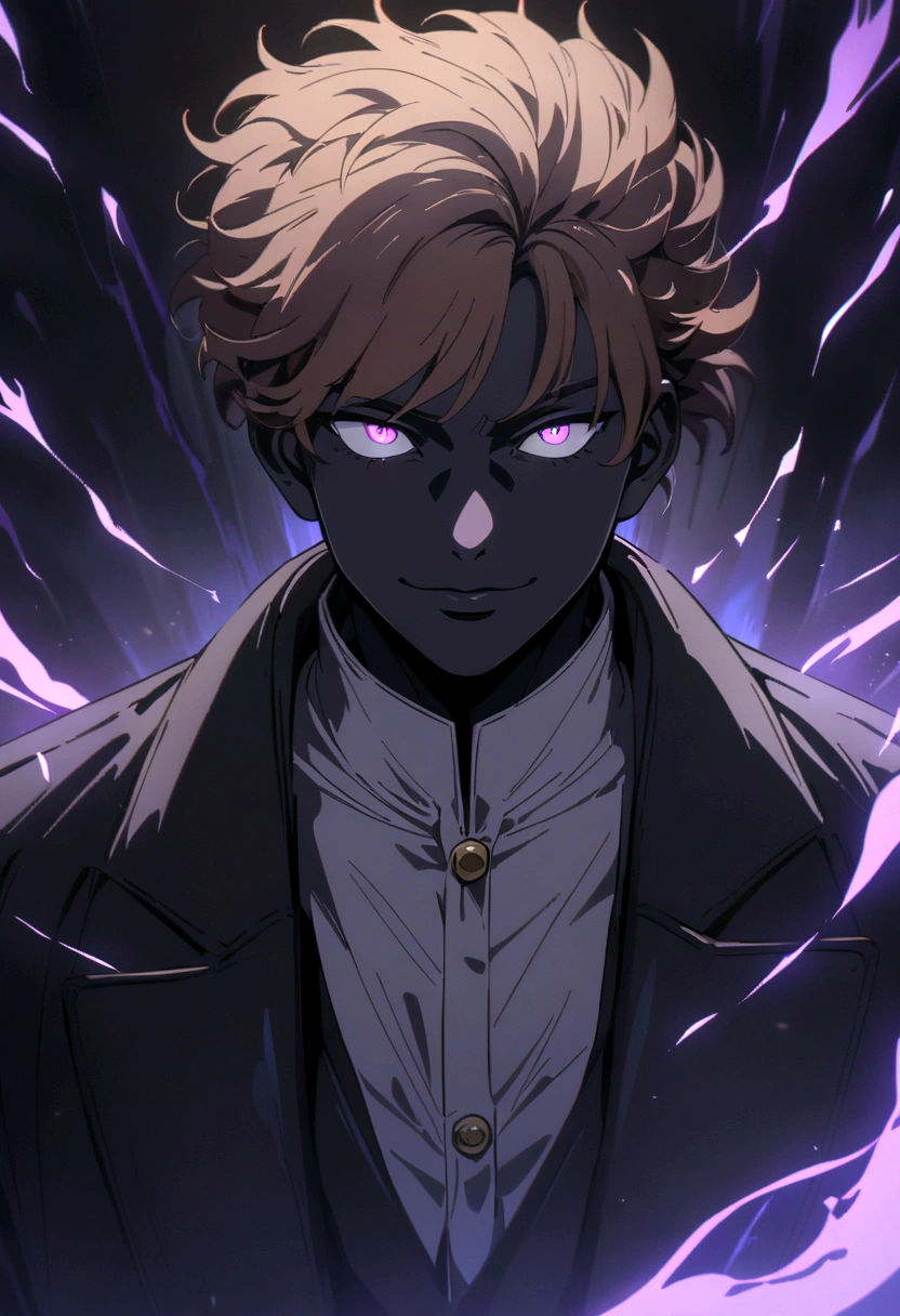 Black young man, arrogant smile, Brown hair with purple highlights, using a black coat, Gojou Satoru Hairstyle, BLACK MAN WITH BLACK SKIN COLOR, Anime art style, high res, ultra-detailed, (best quality,4k, high res, masterpiece), subdued colors, vivid colors, professional lighting, detailed lips, detailed eyes, detailed body