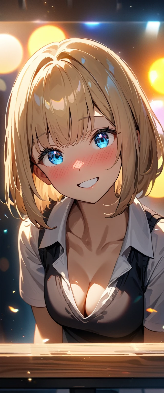 (((One girl))), blond hair, bob cut, (upper body), (looking at viewer), breasts, teenager, head tilt:1.3, (((blue eye))), ((happy smile)), ((full face blush)), tongue out, open mouth, school summer uniform, white shirts, black skirt, cleavage, anime style, (best quality, 4k, 8k, highres, masterpiece:1.2, ultra-detailed, ultra-detailed eyes, HDR, UHD, studio lighting, ultra-fine painting, sharp focus, physically-based rendering, extreme detail description, professional, vivid colors, bokeh)