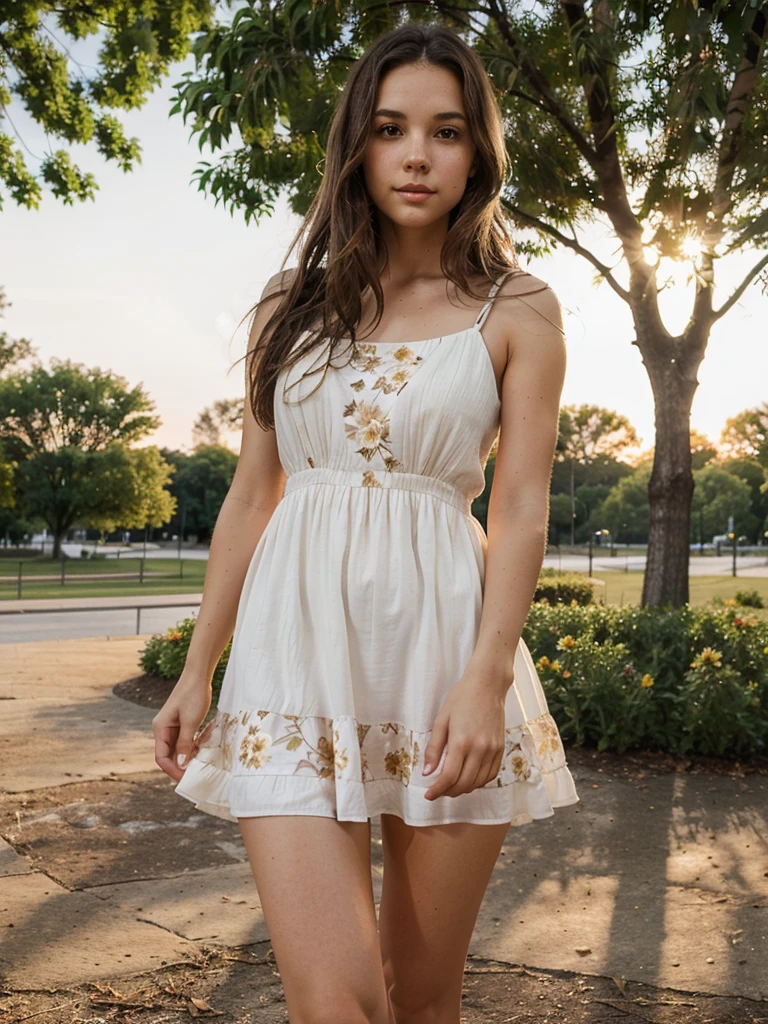 generates a photo of a white girl , slightly wavy brown hair brown eyes, shaped body, in a PARK with the glow of the sun at sunset reflecting its face, THE MODEL HAS A FLOWER DRESS SHOWING HER LEG A LITTLE IN A SENSUAL WAY