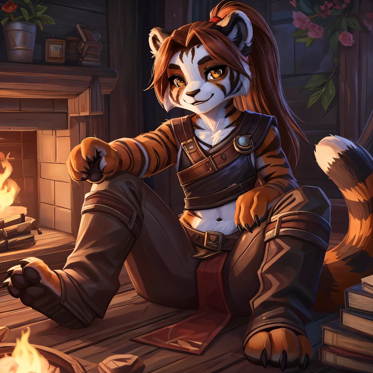 (4fingers), small_round_ears, small_panda_ears, pandaren, world_of_warcraft, furry, anthropomorphic, fluffy_tail, foxtail, cfemale, claws, red_panda, tiger_stripes, tiger_face, flat_chested, teen, teenager, teen ager, androgynous, amber_eyes, (pupils), (tiger_legs), black_left_foot, white_right_foot, (four_fingers), waist_long_ponytail, brown_hair, ((three_toes)), ((3toes)), ((detailed_eyes)), ((detailed_face)), detailed_hands, stormwind, white shirt, brown leather pants, dark leather boots,