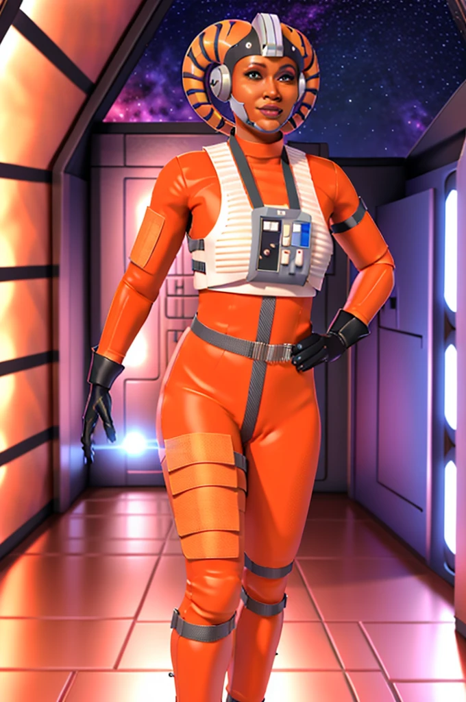 twilek in rebel pilot suit,orange skin,futuristic corridor,tech,space base
