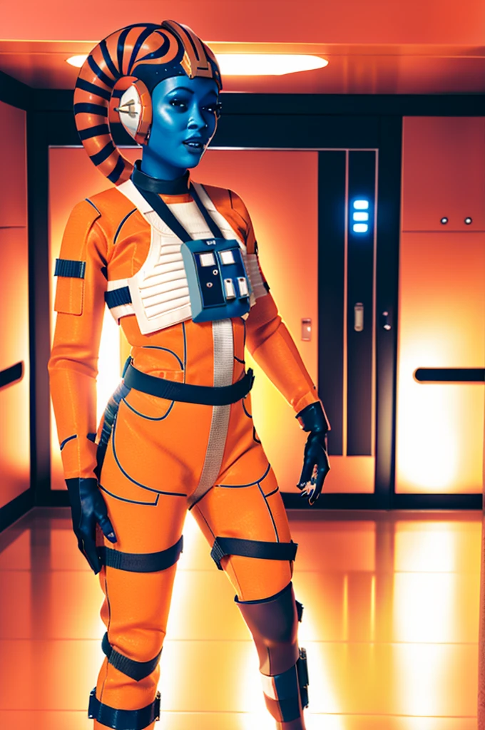 twilek in rebel pilot suit,orange skin,futuristic corridor,tech,space base
