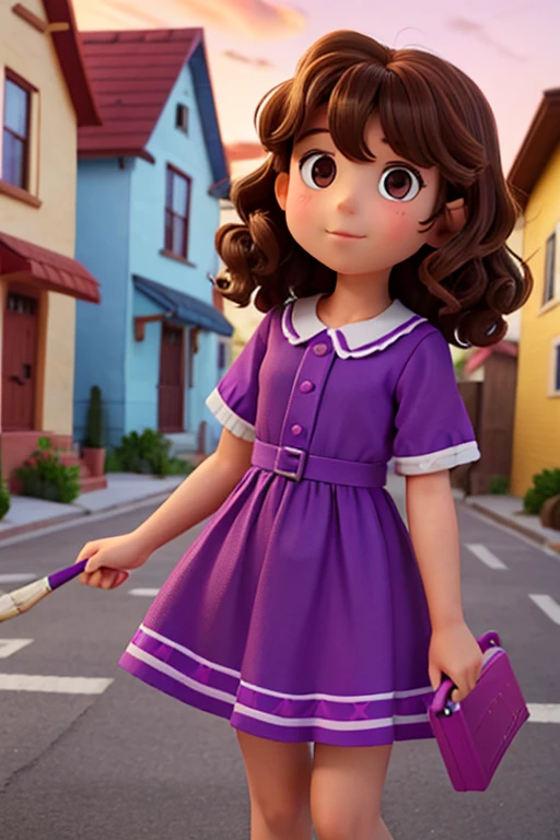    10 year old brunette with curly hair brown eyes and small nose wearing a modern purple dress , drawing and painting the walls of houses . leaving everything colorful and full of life 