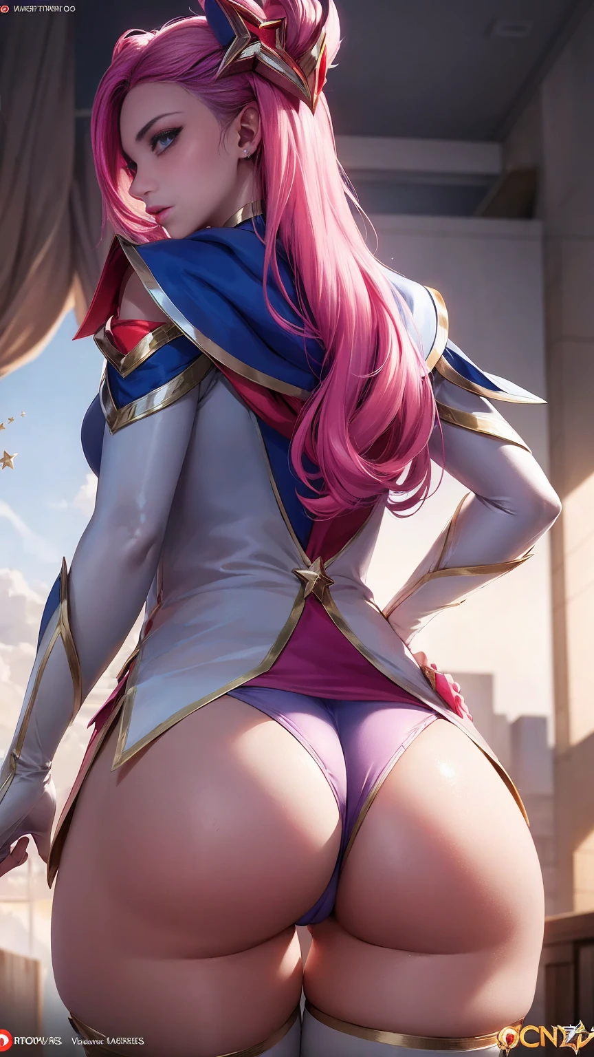 Starguardiankaisa,(white thighs, elbow gloves, hair ornament, dress, Star \(Symbol\), choker, Star guardian \(League of Legends\), pink hair, wide, Alas), NSFW, ((Best Quality)), ((master part)), ((detailed)), realist, intricate, 16k, HDR, RTX,(Masterpiece, Superior quality, Best Quality, Official Art, beautiful and aesthetic:1.3), illustration, Beautiful detailed eyes, (1 girl), ass focus, from behind,They are over, looking back, (Masterpiece, Superior quality, Best Quality, Official Art, beautiful and aesthetic:1.3), illustration, Beautiful detailed eyes, (1 girl), ass focus, from behind,They are over, looking back,high leg panties, jacket with hood, open jacket, hands, bikini, Best Quality, Very detailed