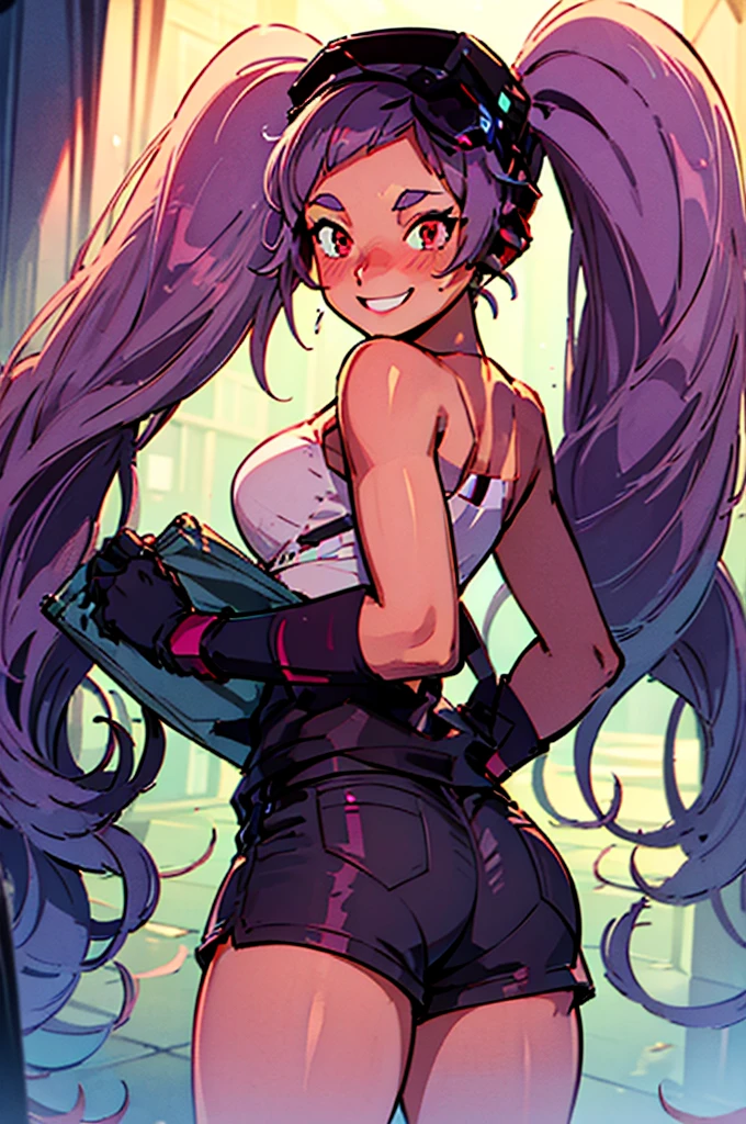 Entrapta, smiling, embarrassed, long purple hair, twin ponytails, red eyes, wearing tube top, wearing booty shorts, thick thighs, underbutt