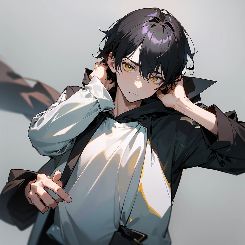 (4K works))、Masterpiece、(top quality)、gray background、Taking artist photo、The album cover、model photos、Idol photos、Korean male、adult male、((Adult 26 years old))、((adult brother))、((Face shape and mystery))、cruel man、High、((confused expression))、((firm eyes))、((Wearing a white T-shirt with a black hooded jacket、White trousers))、((Fall clothing styles with long sleeves and trousers))、((face smaller))、slim、((rogue))、((Black short hairs))、((yellow eyes))、((Shot from the front))、((pose with hands on head))、((artist photo))、((shot alone))、((Solo Photography))、Professional photos、((focus magnification))、((upper body photography))、((Face Enhancement))