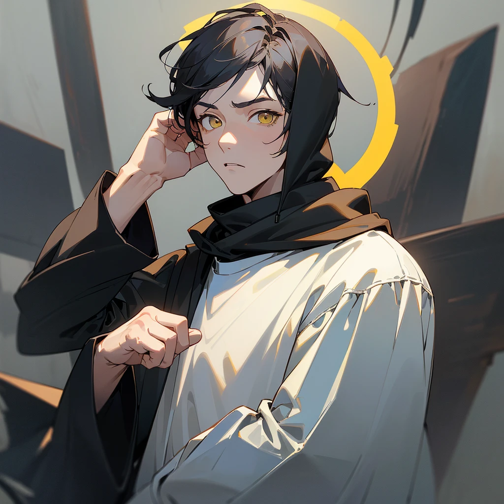 (4K works))、​Masterpiece、(top quality)、gray background、Taking artist photo、The album cover、model photos、Idol photos、Korean male、adult male、((Adult 26 years old))、((adult brother))、((Face shape and mystery))、cruel man、High、((confused expression))、((firm eyes))、((Wearing a white T-shirt with a black hooded jacket、White trousers))、((Fall clothing styles with long sleeves and trousers))、((face smaller))、slim、((rogue))、((Black short hairs))、((yellow eyes))、((Shot from the front))、((pose with hands on head))、((artist photo))、((shot alone))、((Solo Photography))、Professional photos、((focus magnification))、((upper body photography))、((Face Enhancement))