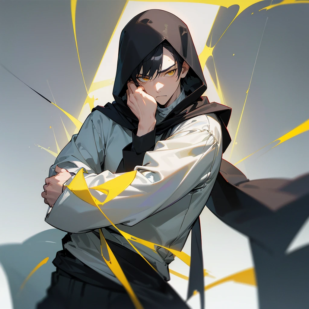 (4K works))、Masterpiece、(top quality)、gray background、Taking artist photo、The album cover、model photos、Idol photos、Korean male、adult male、((Adult 26 years old))、((adult brother))、((Face shape and mystery))、cruel man、High、((confused expression))、((firm eyes))、((Wearing a white T-shirt with a black hooded jacket、White trousers))、((Fall clothing styles with long sleeves and trousers))、((face smaller))、slim、((rogue))、((Black short hairs))、((yellow eyes))、((Shot from the front))、((pose with hands on head))、((artist photo))、((shot alone))、((Solo Photography))、Professional photos、((focus magnification))、((upper body photography))、((Face Enhancement))