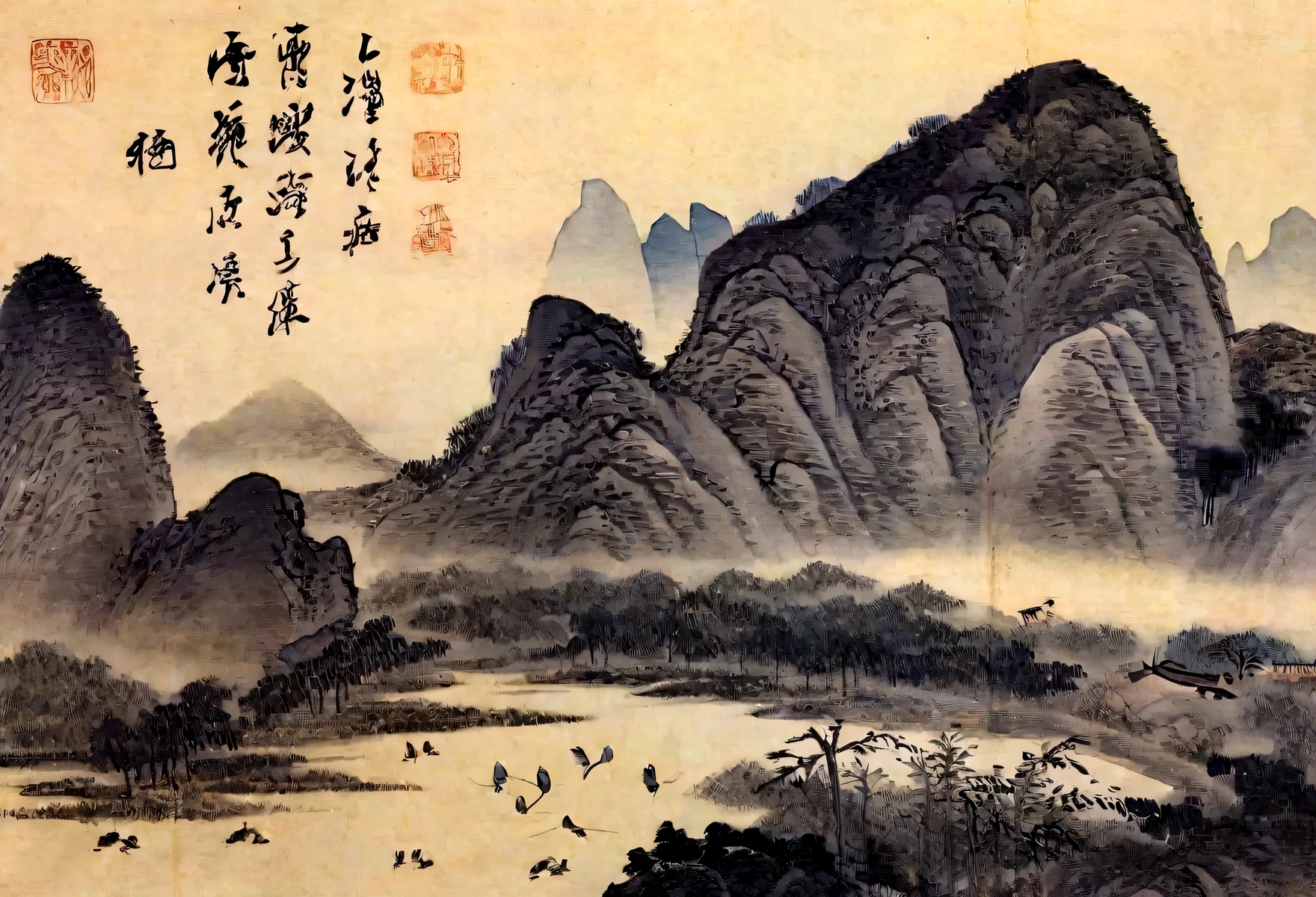 Arafud View,Mountain,River and Birds, Chinese landscape, Qing Dynasty painting, Inspired by Zhang Shunzi, author:Dondi, Chinese Art, Very sophisticated, Song, Qing Dynasty, Inspired by Mabuchi, author:Selangor Oriental, author:Dear Anne,, author:Wang Lu, author:Wang Fu