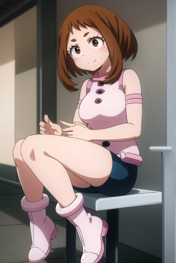 ochakouraraka, ochako uraraka, (uraraka ochako:1.5), (brown eyes:1.5), brown hair, short hair, blush, blush stickers, smile,
BREAK bare shoulders, blue shorts,white shirts ,pink pink boots,black socks,
BREAK outdoors, city,
BREAK looking at viewer,
BREAK (masterpiece:1.2), best quality, high resolution, unity 8k wallpaper, (illustration:0.8), (beautiful detailed eyes:1.6), extremely detailed face, perfect lighting, extremely detailed CG, (perfect hands, perfect anatomy),sitting down on chair,medium breast,