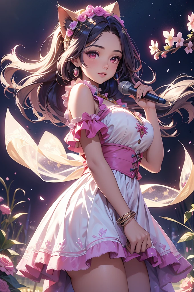 (best quality,4k,8k,highres,masterpiece:1.2),ultra-detailed,(realistic,photorealistic,photo-realistic:1.37),acrylic painting,beautiful Latina model in a ta dress with downy hair,beautiful Latina model with extremely colorful hair and detailed facial features,beautiful Latina model standing in a beautiful garden surrounded by a starry sky,beautiful Latina model wearing a vibrant Loliress,beautiful Latina model with intricate accessories and a matching hat,beautiful Latina model posing gracefully with her hands on her hips,beautiful Latina model with long flowing twintails,beautiful Latina model with bright pink eyes and rosy lips,beautiful Latina model with a joyful expression,beautiful Latina model in a dynamic pose with cherry blossoms falling around her,beautiful Latina model surrounded by colorful flowers and butterflies,beautiful Latina model's dress adorned with cute bows and lace details,beautiful Latina model with an enchanting smile,beautiful Latina model with soft, pastel-colored shading,beautiful Latina model with a magical glow illuminating her,beautiful Latina model in a picturesque setting with a winding path leading to a magnificent castle,beautiful Latina model holding a microphone and singing passionately,beautiful Latina model with a fairytale-like background,beautiful Latina model with a soft, dreamy atmosphere,beautiful Latina model with a subtle bokeh effect,beautiful Latina model standing under a moonlit sky,beautiful Latina model with a warm, golden sunset in the background,beautiful Latina model surrounded by twinkling stars and colorful nebulae,creating an ethereal and captivating artistic masterpiece, silver hair, cat ears