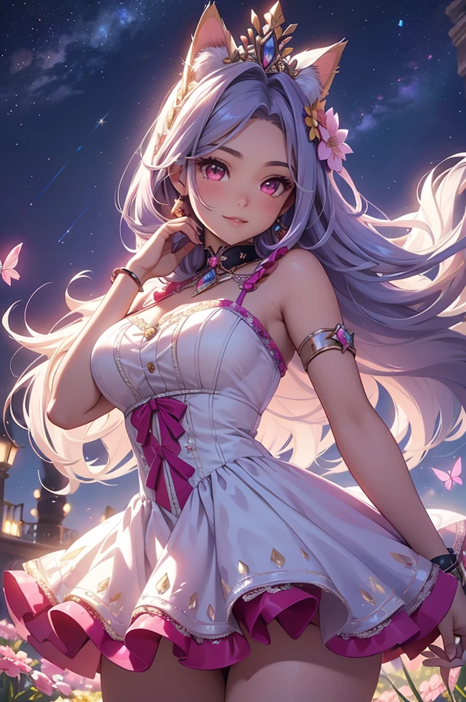 (best quality,4k,8k,highres,masterpiece:1.2),ultra-detailed,(realistic,photorealistic,photo-realistic:1.37),acrylic painting,beautiful Latina model in a Lolita dress with downy hair,beautiful Latina model with extremely colorful hair and detailed facial features,beautiful Latina model standing in a beautiful garden surrounded by a starry sky,beautiful Latina model wearing a vibrant Lolita dress,beautiful Latina model with intricate accessories and a matching hat,beautiful Latina model posing gracefully with her hands on her hips,beautiful Latina model with long flowing twintails,beautiful Latina model with bright pink eyes and rosy lips,beautiful Latina model with a joyful expression,beautiful Latina model in a dynamic pose with cherry blossoms falling around her,beautiful Latina model surrounded by colorful flowers and butterflies,beautiful Latina model's dress adorned with cute bows and lace details,beautiful Latina model with an enchanting smile,beautiful Latina model with soft, pastel-colored shading,beautiful Latina model with a magical glow illuminating her,beautiful Latina model in a picturesque setting with a winding path leading to a magnificent castle,beautiful Latina model holding a microphone and singing passionately,beautiful Latina model with a fairytale-like background,beautiful Latina model with a soft, dreamy atmosphere,beautiful Latina model with a subtle bokeh effect,beautiful Latina model standing under a moonlit sky,beautiful Latina model with a warm, golden sunset in the background,beautiful Latina model surrounded by twinkling stars and colorful nebulae,creating an ethereal and captivating artistic masterpiece, silver hair, cat ears