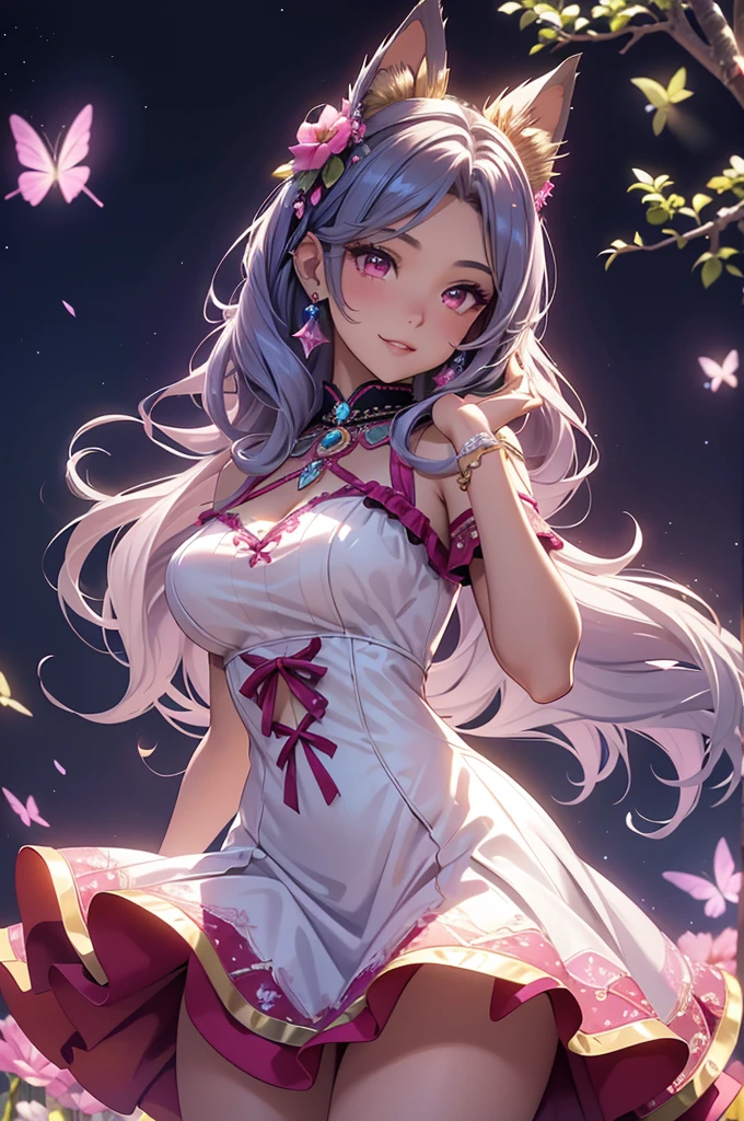 (best quality,4k,8k,highres,masterpiece:1.2),ultra-detailed,(realistic,photorealistic,photo-realistic:1.37),acrylic painting,beautiful Latina model in a Lolita dress with downy hair,beautiful Latina model with extremely colorful hair and detailed facial features,beautiful Latina model standing in a beautiful garden surrounded by a starry sky,beautiful Latina model wearing a vibrant Lolita dress,beautiful Latina model with intricate accessories and a matching hat,beautiful Latina model posing gracefully with her hands on her hips,beautiful Latina model with long flowing twintails,beautiful Latina model with bright pink eyes and rosy lips,beautiful Latina model with a joyful expression,beautiful Latina model in a dynamic pose with cherry blossoms falling around her,beautiful Latina model surrounded by colorful flowers and butterflies,beautiful Latina model's dress adorned with cute bows and lace details,beautiful Latina model with an enchanting smile,beautiful Latina model with soft, pastel-colored shading,beautiful Latina model with a magical glow illuminating her,beautiful Latina model in a picturesque setting with a winding path leading to a magnificent castle,beautiful Latina model holding a microphone and singing passionately,beautiful Latina model with a fairytale-like background,beautiful Latina model with a soft, dreamy atmosphere,beautiful Latina model with a subtle bokeh effect,beautiful Latina model standing under a moonlit sky,beautiful Latina model with a warm, golden sunset in the background,beautiful Latina model surrounded by twinkling stars and colorful nebulae,creating an ethereal and captivating artistic masterpiece, silver hair, cat ears