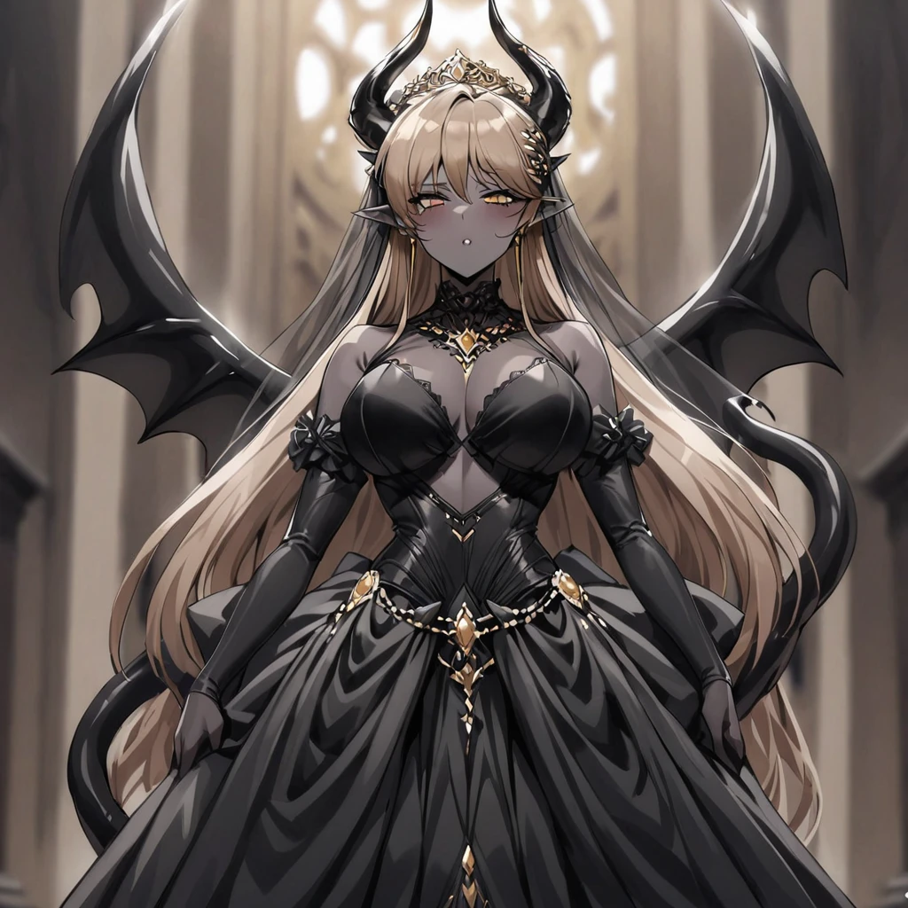 ((Highest quality)), ((masterpiece)), (detailed), （Perfect Face）、The woman is a sexy devil with jet black skin、The woman is a jet-black female demon with magnificent devil horns, jet-black devil wings, and a jet-black tail. Her skin is jet-black, she is wearing a luxurious black wedding dress and a black wedding veil, and she is getting married to a dignified and powerful demon king. She is the jet-black demon Princess Leona, with medium-long light brown hair, a demon in both body and mind, and the expression of a maiden in love.、The woman is the wife of a dignified and powerful demon king, her beloved husband.