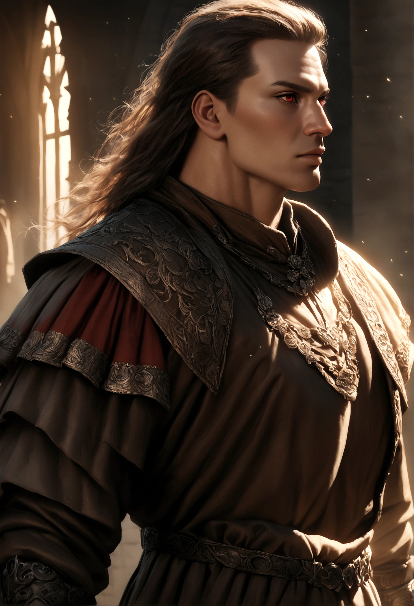 a muscular russian man, 1.95m tall, dark skin, intense red eyes, wearing medieval style clothing from 794 AD to 1185 AD, highly detailed, realistic, intricate, cinematic lighting, dramatic, photorealistic, 8k, masterpiece