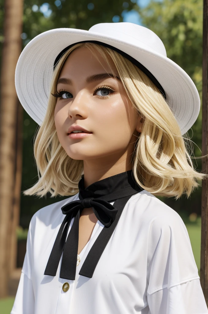A roblox girl with features blonde hair white skin black clothes and white hat with bracelets