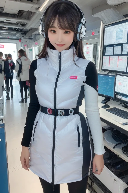 masterpiece, Highest quality, Very detailed, 8K Portrait,Japanese Android Girl,plump , Control panel,Robotic arms and legs, Blunt bangs,,break (Metallic Gray, Metallic luster, Mirror finish, Astro Best):5,headphone:5,break (Black sleeves):100,Smart Watches,Futuristic space station,Control Room,break headphone,blue eyes,(Black Hair):2,(Long Hair):1.3,Displaying the viewer,(respirator),break blush:3,Hidden Hand,smile