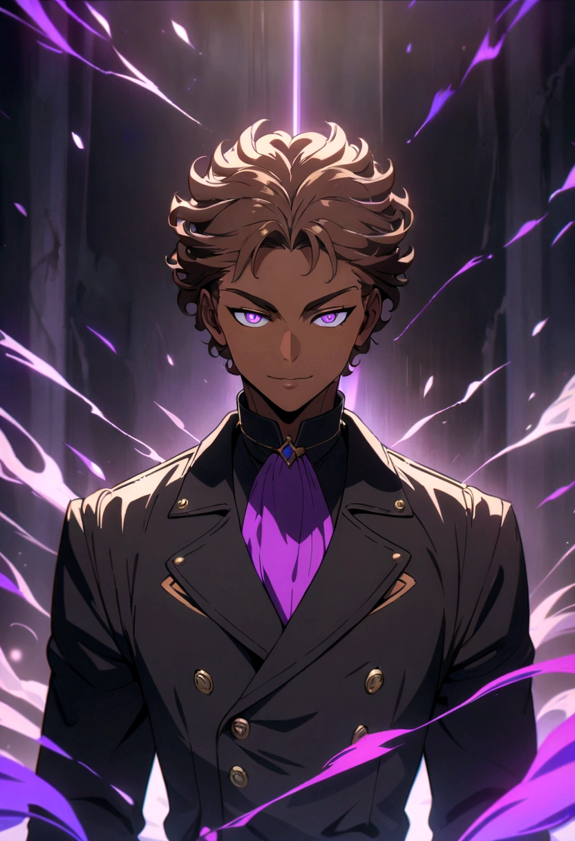 Brown young man, arrogant smile, Brown hair with purple highlights, using a black coat, Gojou Satoru Hairstyle, BrownMAN WITH Brown SKIN COLOR, Anime art style, high res, ultra-detailed, (best quality,4k, high res, masterpiece), subdued colors, vivid colors, professional lighting, detailed lips, detailed eyes, detailed body