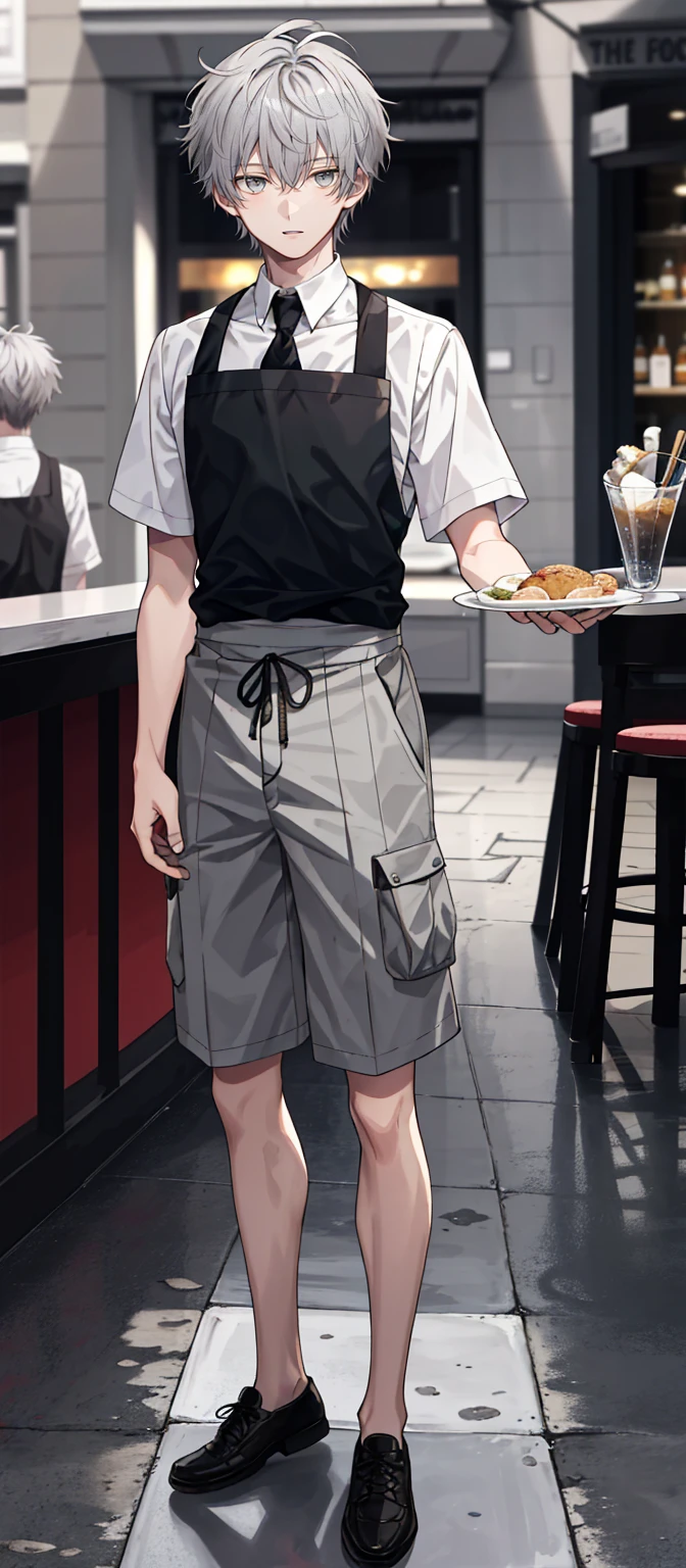 1 boy, 18 years old, full body, waiter, short hair, grey hair, messy hair,