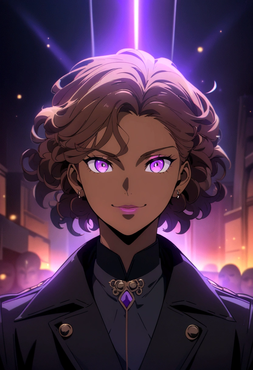 Brown young man, arrogant smile, Brown hair with purple highlights, using a black coat, Gojou Satoru Hairstyle, BrownMAN WITH Brown SKIN COLOR, Anime art style, high res, ultra-detailed, (best quality,4k, high res, masterpiece), subdued colors, vivid colors, professional lighting, detailed lips, detailed eyes, detailed body