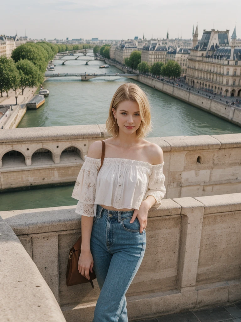 her name is Elle, high quality, 1girl, ((20-year-old fit Caucasian woman)), ((20 years old)), ((fit)), ((pale skin)), short bob blonde hair , wearing Boho Peasant Top + High-Waisted Flared Jeans, pose: standing, background: Describe the enchanting view of Paris from the top of the Eiffel Tower, with the Seine River winding through the city and the historic landmarks like Notre Dame and the Louvre spread out below.