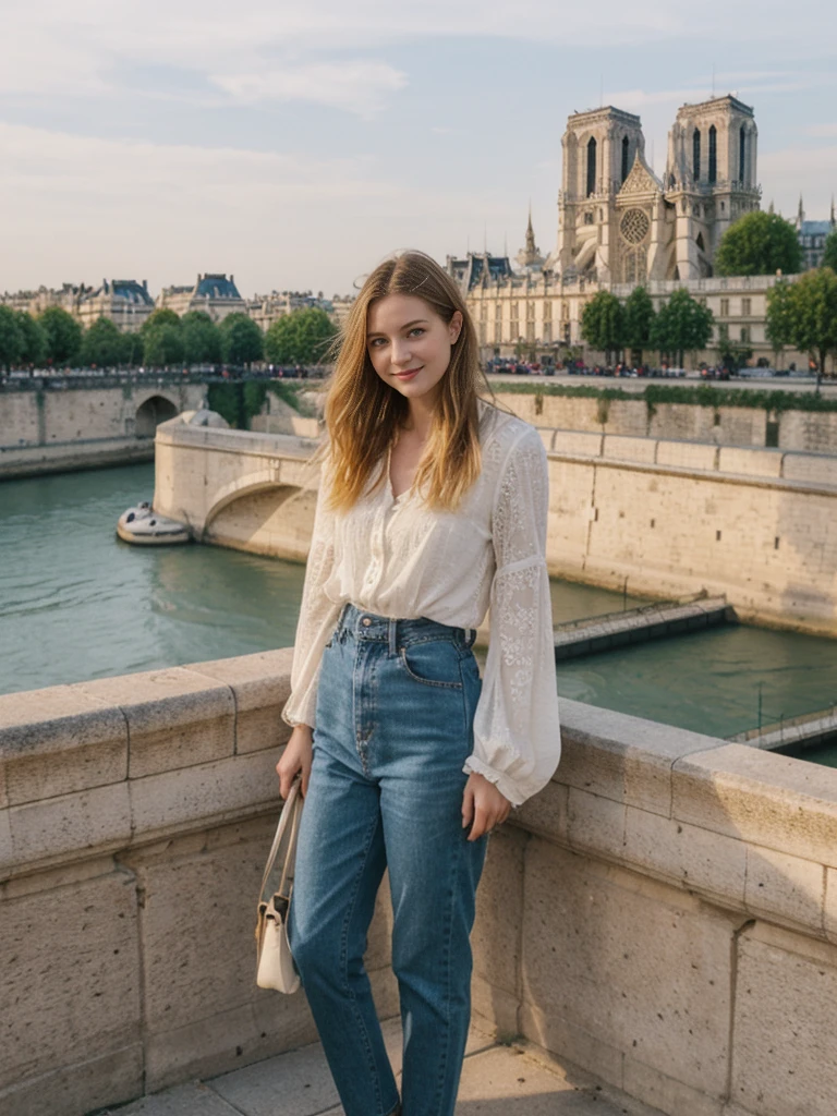 her name is Elle, high quality, 1girl, ((20-year-old fit Caucasian woman)), ((20 years old)), ((fit)), ((pale skin)), short bob blonde hair , wearing Boho Peasant Top + High-Waisted Flared Jeans, pose: standing, background: Describe the enchanting view of Paris from the top of the Eiffel Tower, with the Seine River winding through the city and the historic landmarks like Notre Dame and the Louvre spread out below.