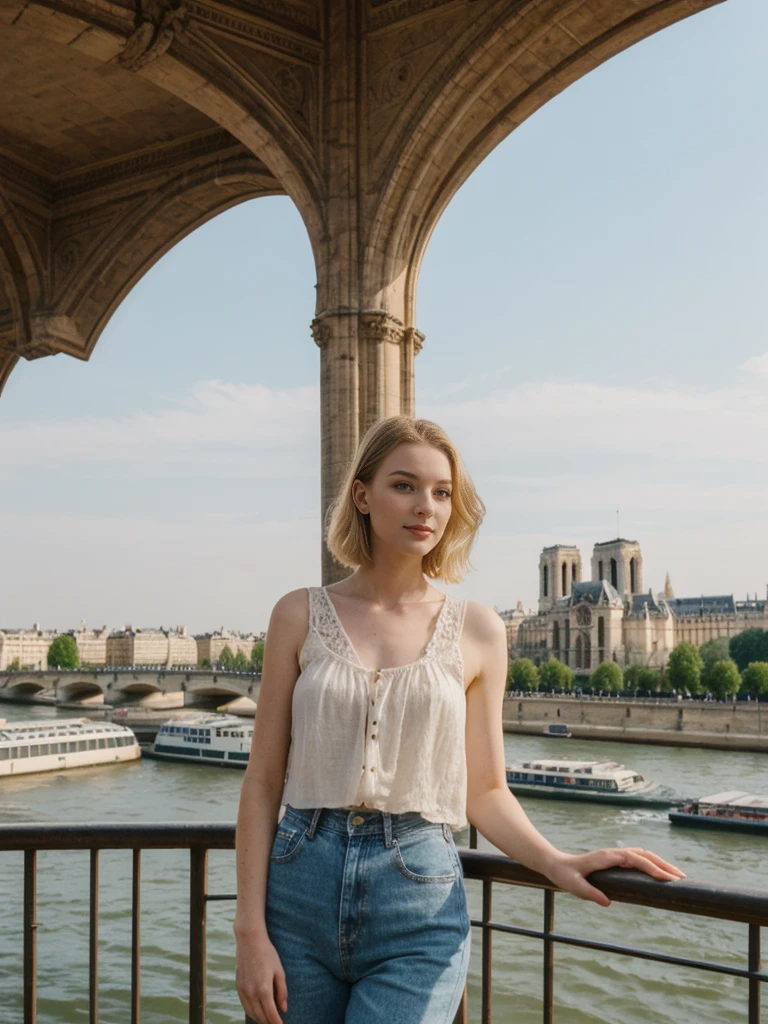 her name is Elle, high quality, 1girl, ((20-year-old fit Caucasian woman)), ((20 years old)), ((fit)), ((pale skin)), short bob blonde hair , wearing Boho Peasant Top + High-Waisted Flared Jeans, pose: standing, background: Describe the enchanting view of Paris from the top of the Eiffel Tower, with the Seine River winding through the city and the historic landmarks like Notre Dame and the Louvre spread out below.