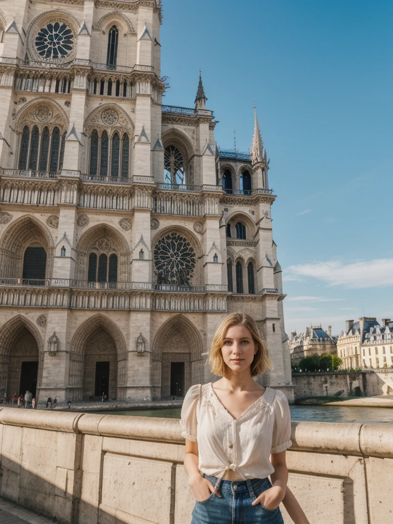 her name is Elle, high quality, 1girl, ((20-year-old fit Caucasian woman)), ((20 years old)), ((fit)), ((pale skin)), short bob blonde hair , wearing Boho Peasant Top + High-Waisted Flared Jeans, pose: standing, background: Describe the enchanting view of Paris from the top of the Eiffel Tower, with the Seine River winding through the city and the historic landmarks like Notre Dame and the Louvre spread out below.