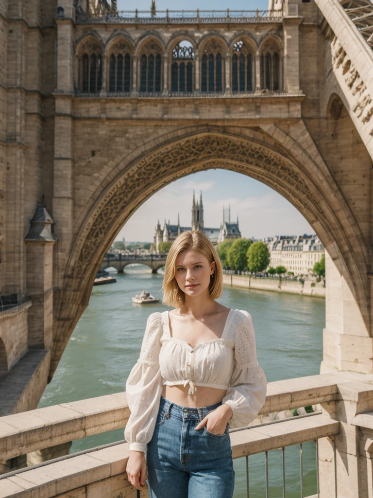 her name is Elle, high quality, 1girl, ((20-year-old fit Caucasian woman)), ((20 years old)), ((fit)), ((pale skin)), short bob blonde hair , wearing Boho Peasant Top + High-Waisted Flared Jeans, pose: standing, background: Describe the enchanting view of Paris from the top of the Eiffel Tower, with the Seine River winding through the city and the historic landmarks like Notre Dame and the Louvre spread out below.