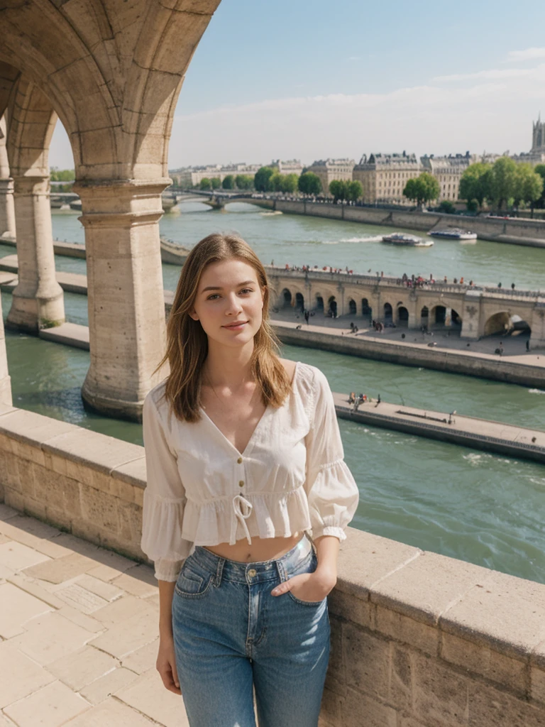 her name is Elle, high quality, 1girl, ((20-year-old fit Caucasian woman)), ((20 years old)), ((fit)), ((pale skin)), short bob blonde hair , wearing Boho Peasant Top + High-Waisted Flared Jeans, pose: standing, background: Describe the enchanting view of Paris from the top of the Eiffel Tower, with the Seine River winding through the city and the historic landmarks like Notre Dame and the Louvre spread out below.