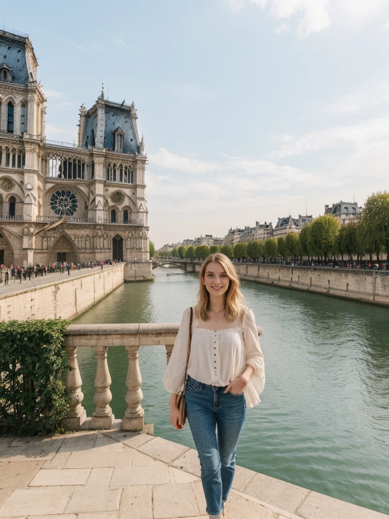 her name is Elle, high quality, 1girl, ((20-year-old fit Caucasian woman)), ((20 years old)), ((fit)), ((pale skin)), short bob blonde hair , wearing Boho Peasant Top + High-Waisted Flared Jeans, pose: standing, background: Describe the enchanting view of Paris from the top of the Eiffel Tower, with the Seine River winding through the city and the historic landmarks like Notre Dame and the Louvre spread out below.