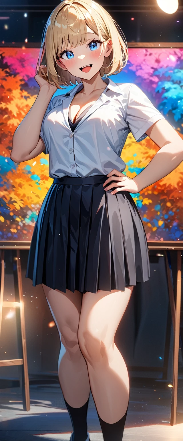 (((One girl))), blond hair, bob cut, (full body), (looking at viewer), breasts, teenager, head tilt:1.3, (((blue eye))), ((happy smile)), ((full face blush)), tongue out, open mouth, school summer uniform, white shirts, black skirt, cleavage, anime style, (best quality, 4k, 8k, highres, masterpiece:1.2, ultra-detailed, ultra-detailed eyes, HDR, UHD, studio lighting, ultra-fine painting, sharp focus, physically-based rendering, extreme detail description, professional, vivid colors, bokeh)