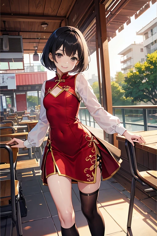 Black Hair、Iris、short hair、Girl、cute、high school student、Red Chinese Dress、smile、、Small breasts、