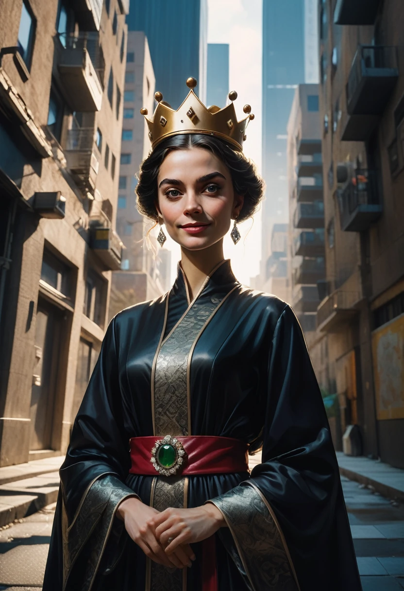 (Queen, crown), The crowned queen stands in the alleys of modern cities, dressed in a black robe. Behind her are tall buildings and long shadows, with a mysterious smile on her face, as if ready to disappear into the darkness at any moment. The camera is shot from a low angle, (Photography), award-winning, cinematic still, emotional, vignette, dynamic, vivid, (masterpiece, best quality, Professional, perfect composition, very aesthetic, absurdres, ultra-detailed, intricate details:1.3)