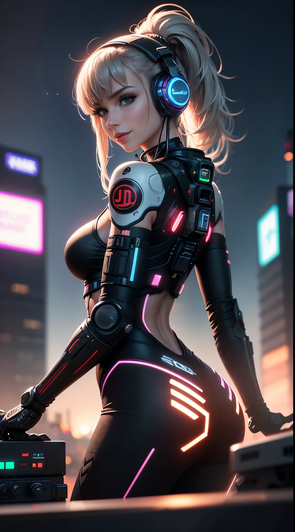 Long range shots,wide plan,(best qualityer), (work of art), A beautiful cyberpunk woman,robotic arm,The mixer is in the body,(female DJ)Robust smile,DJ headphones, Outdoor Music Festival,Um grande público assistiu à female DJ