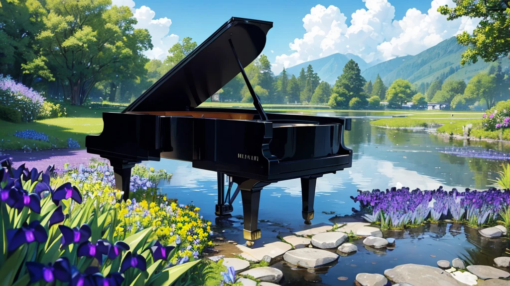 A large black grand piano placed near a small stream surrounded by blooming irises、White clouds in blue sky、A typical grand piano