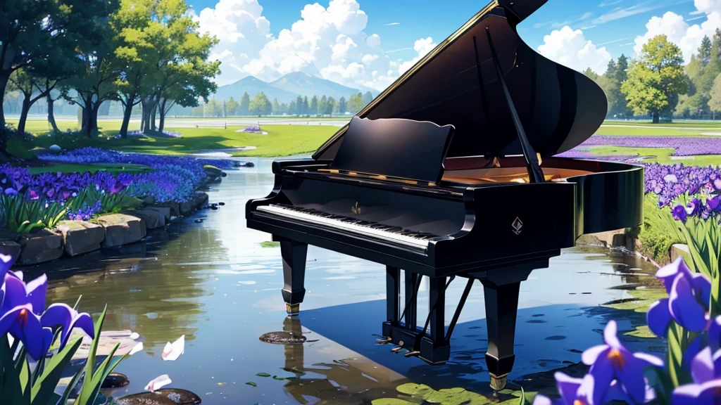 A large black grand piano placed near a small stream surrounded by blooming irises、White clouds in blue sky、A typical grand piano