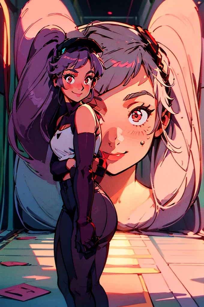 Entrapta, smiling, embarrassed, long purple hair, twin ponytails, red eyes, wearing tube top, wearing booty shorts, thick thighs, underbutt