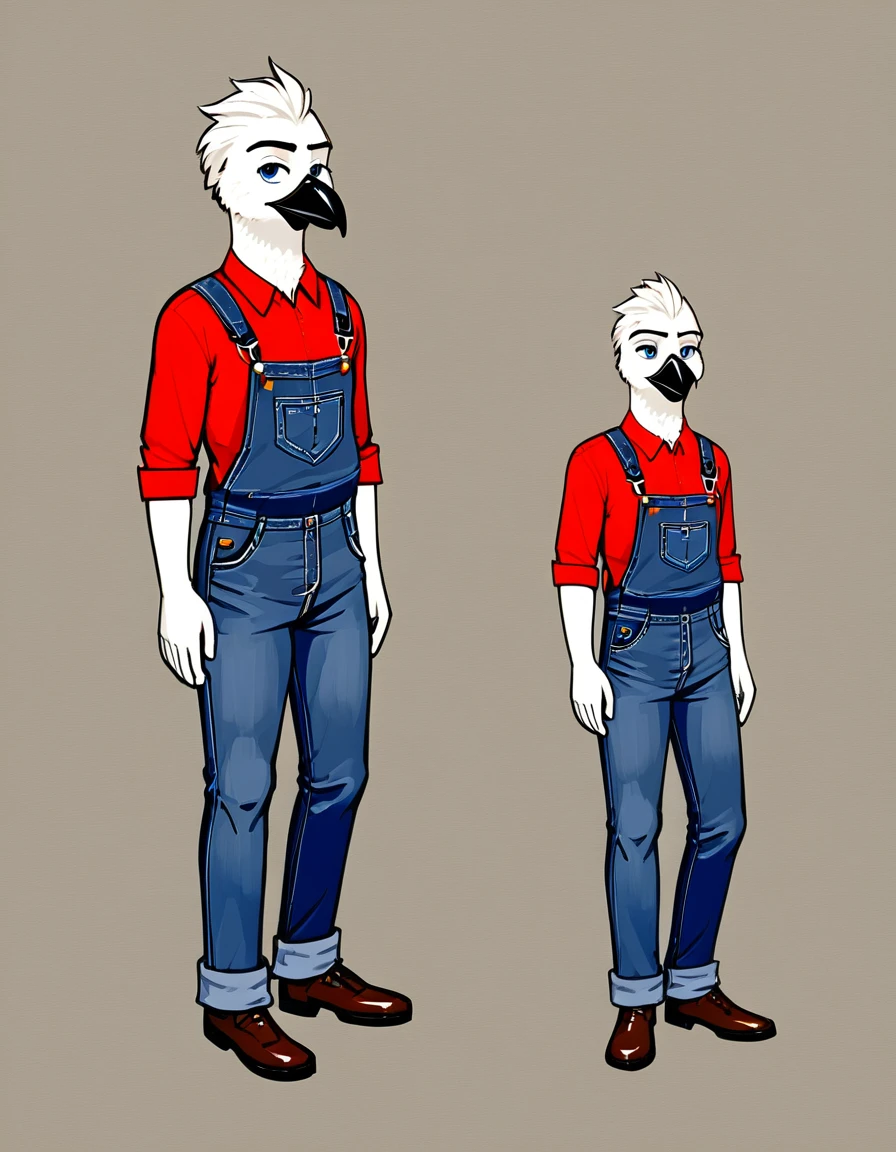 anthro bird, male, full body, portrait, beak, overalls, frozen lakeside, Over-the-shoulder shot,