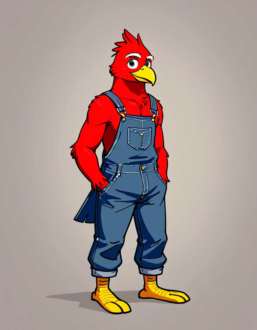 anthro bird, male, full body, portrait, beak, overalls, frozen lakeside, Over-the-shoulder shot,