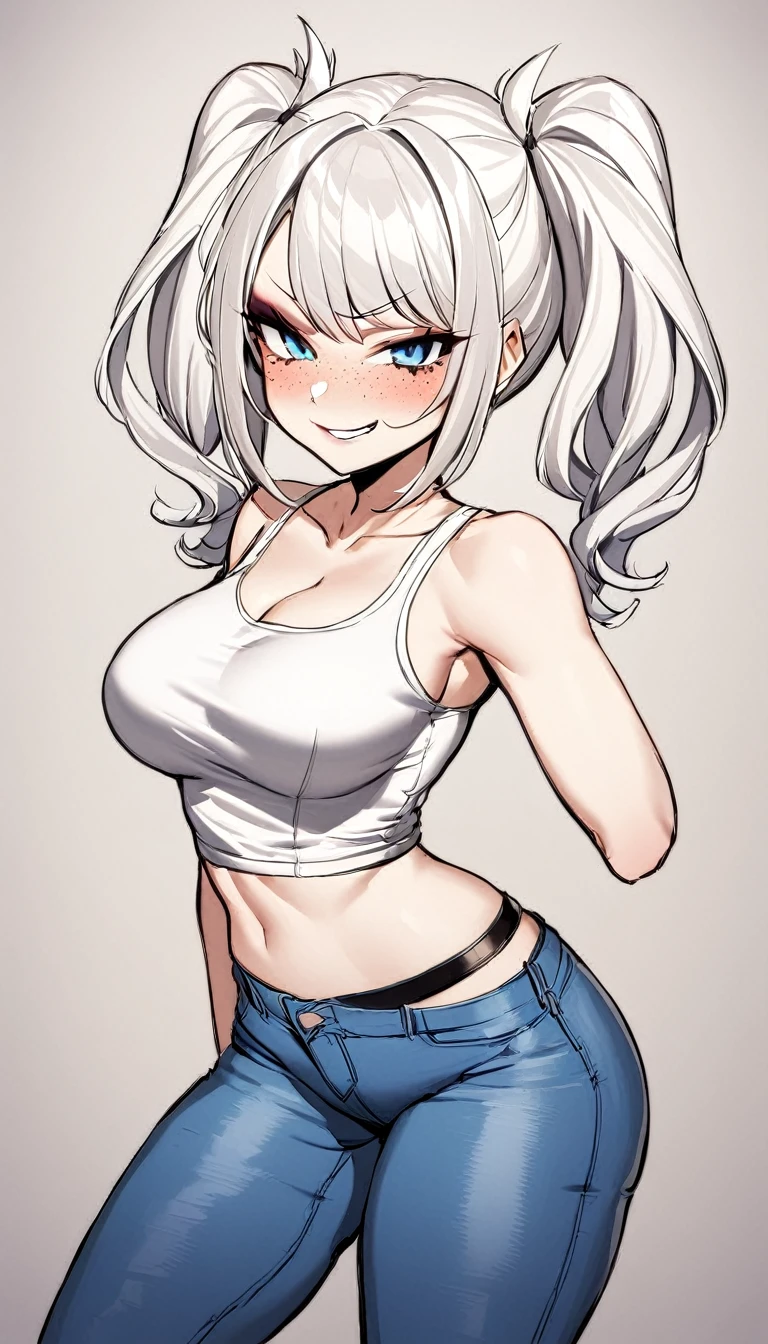 1 Girl, Baggy T shirt , Jeans, Medium Breasts, Booty Shorts, Blue Eyes, Platinum White Hair, Twin Tail Hair Style, Pale White Skin, Smooth Skin, Face Freckles, Leather Straps on Thighs, Nice Cleavage, Slutty, Sexy, Sassy, Smirking, Tease, Teasing,