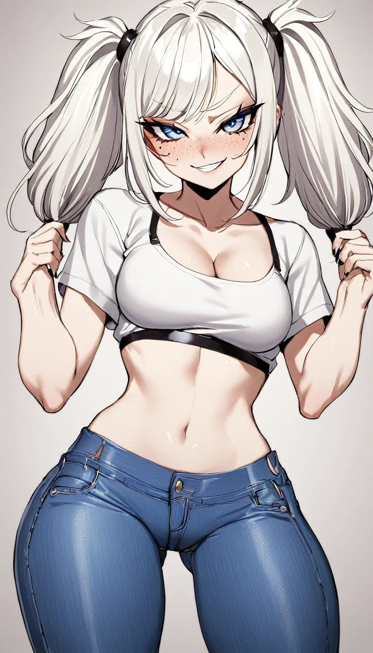 1 Girl, Baggy T shirt , Jeans, Medium Breasts, Booty Shorts, Blue Eyes, Platinum White Hair, Twin Tail Hair Style, Pale White Skin, Smooth Skin, Face Freckles, Leather Straps on Thighs, Nice Cleavage, Slutty, Sexy, Sassy, Smirking, Tease, Teasing,