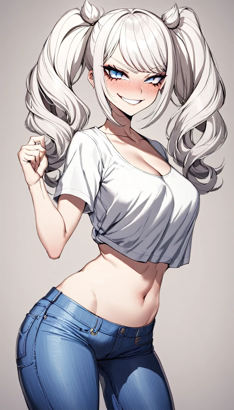 1 Girl, Baggy T shirt , Jeans, Medium Breasts, Booty Shorts, Blue Eyes, Platinum White Hair, Twin Tail Hair Style, Pale White Skin, Smooth Skin, Face Freckles, Leather Straps on Thighs, Nice Cleavage, Slutty, Sexy, Sassy, Smirking, Tease, Teasing,