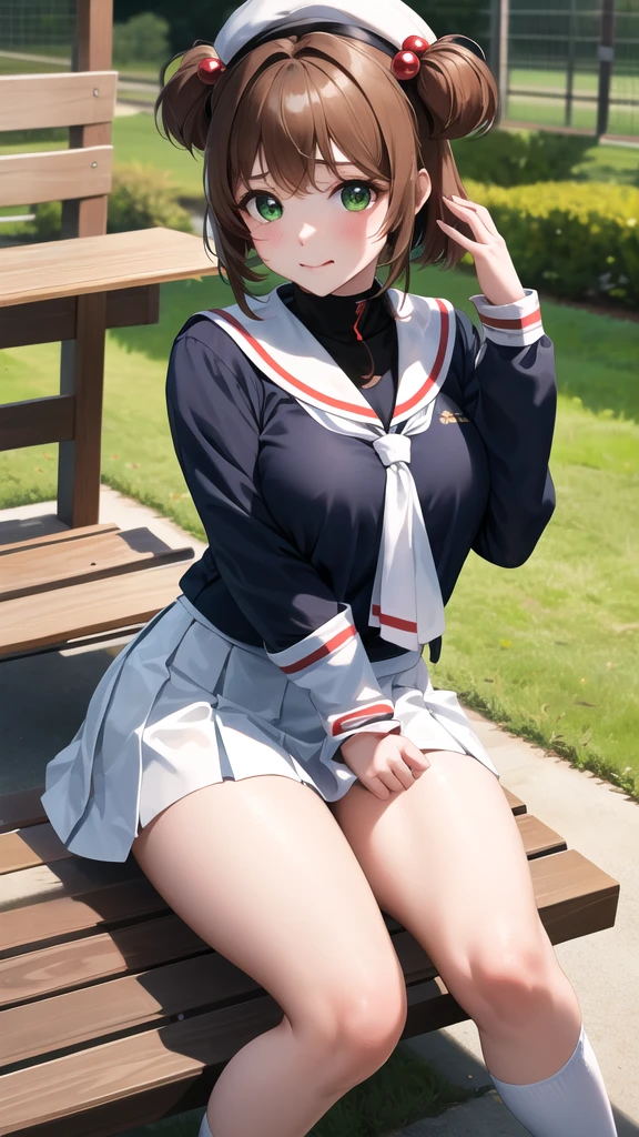 masterpiece, best quality, highres, kinomoto sakura, 1girl, brown hair, short hair, antenna hair, two side up, hair bobbles, green eyes, , white sailor collar, black shirt, long sleeves, white skirt, pleated skirt, sitting, eating, outdoors, bench, food, leaf, (masterpiece, best quality: 1.2),(very detailed face, real image, realistic skin, realistic body, intricate details),1 woman, Kinomoto Sakura, brown hair, alone, skirt, green eyes, Short hair, have, white skirt, white hat, Magic Girl, Antenna hair, laugh, serafuku, pleated skirt, dehisce, looking at viewer, cowboy shot, long sleeves, star (symbol), muffler, lie down in bed with both arms extended above the head and placed behind the pillow, anime girl lying down, expose plump breasts, whole body, plump thighs, Natural Pose, beautifully, cute, Fix errors without any awkwardness, tall, I have long legs, Wearing (tomoeda_초등school_school_Uniform),black top, tennis mini skirt,cry in shame, wearing white ankle socks, random sexy poses