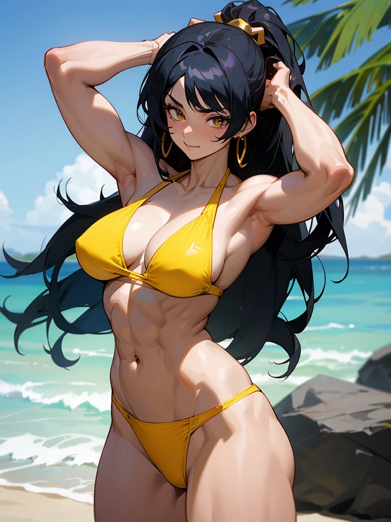 18 year old anime muscle mommy with black hair and pale skin in a yellow thong bikini flexing her muscles with her hands behind her head so they are not seen to show off her abs on a white sanded beach, highly detailed