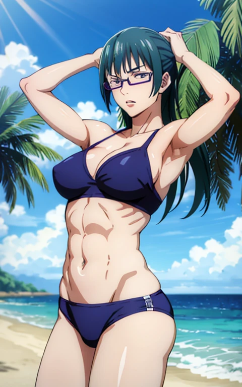 Maki Zenin, blue bikini, curved, dark green hair, well proportioned, muscular, large thighs, medium chest. purple glasses, beach background, arms up, armpits visible