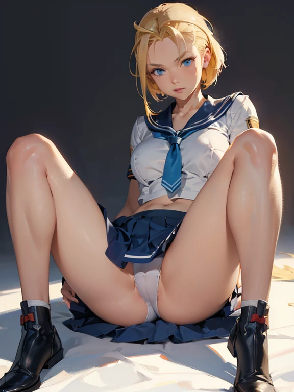 (oil painting),soft lighting,COOL,cammy sf6,blue eyes,blonde hair, antena hair, (Sailor Clothing white), perfect breast,female,girl,solo,miniskirt,on ground,spread legs,(white background),highlegs thong,