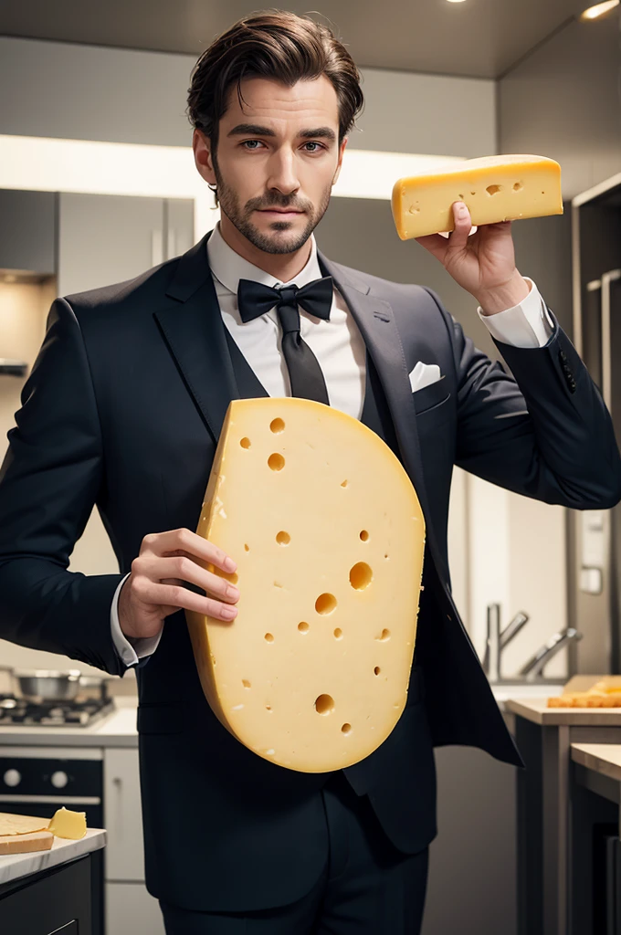 A man in a suit and monocollar advertising a cheese