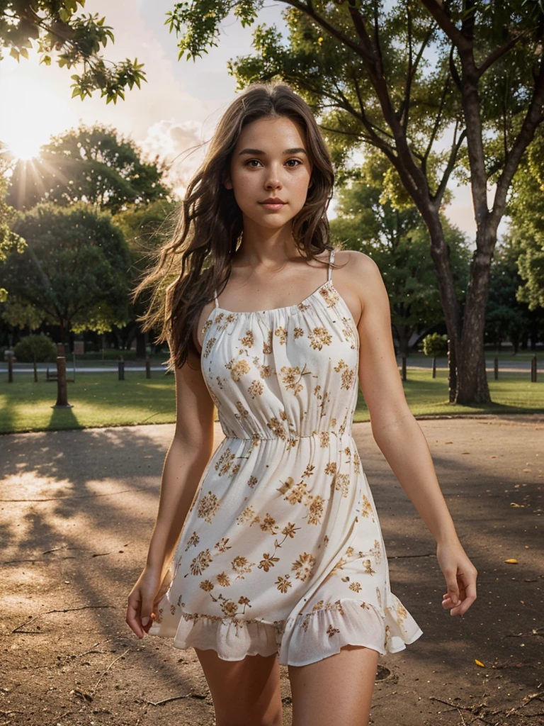 generates a photo of a white girl , slightly wavy brown hair brown eyes, shaped body, in a cafeteria with the glow of the sun at sunset reflecting its face, THE MODEL HAS A FLOWER DRESS SHOWING HER LEG A LITTLE IN A SENSUAL WAY