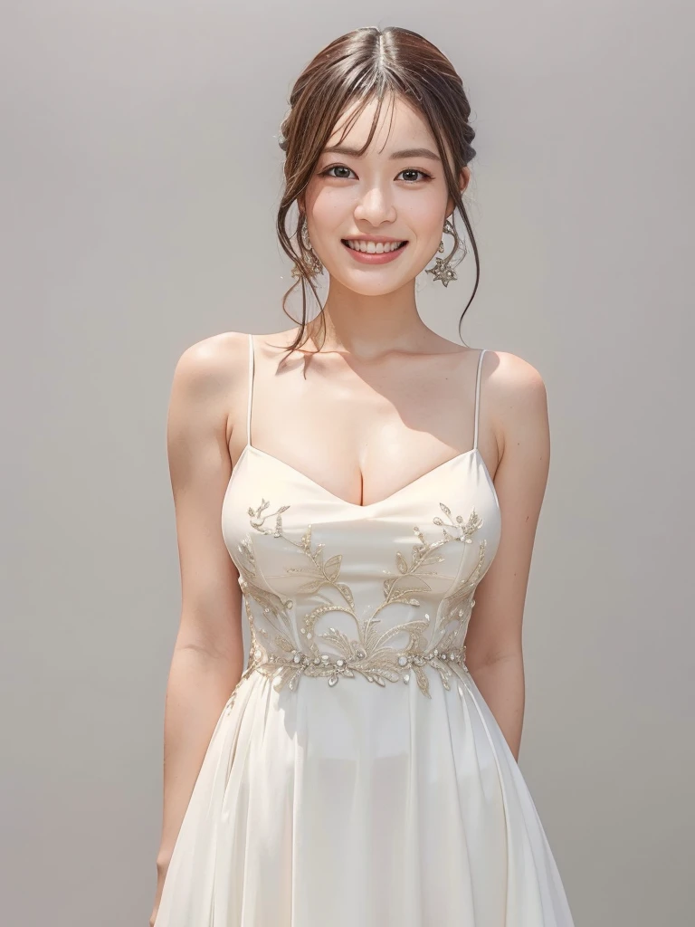 highest quality:1.3, masterpiece, Ultra-high resolution, realistic:1.3, solo:1.3, ((Clear Face)), sidelighting, cowboy shot, (looking at camera:1.3), (Party dress), standing, white background, Showcasing cleavag, arms behind back, (big busts), smile